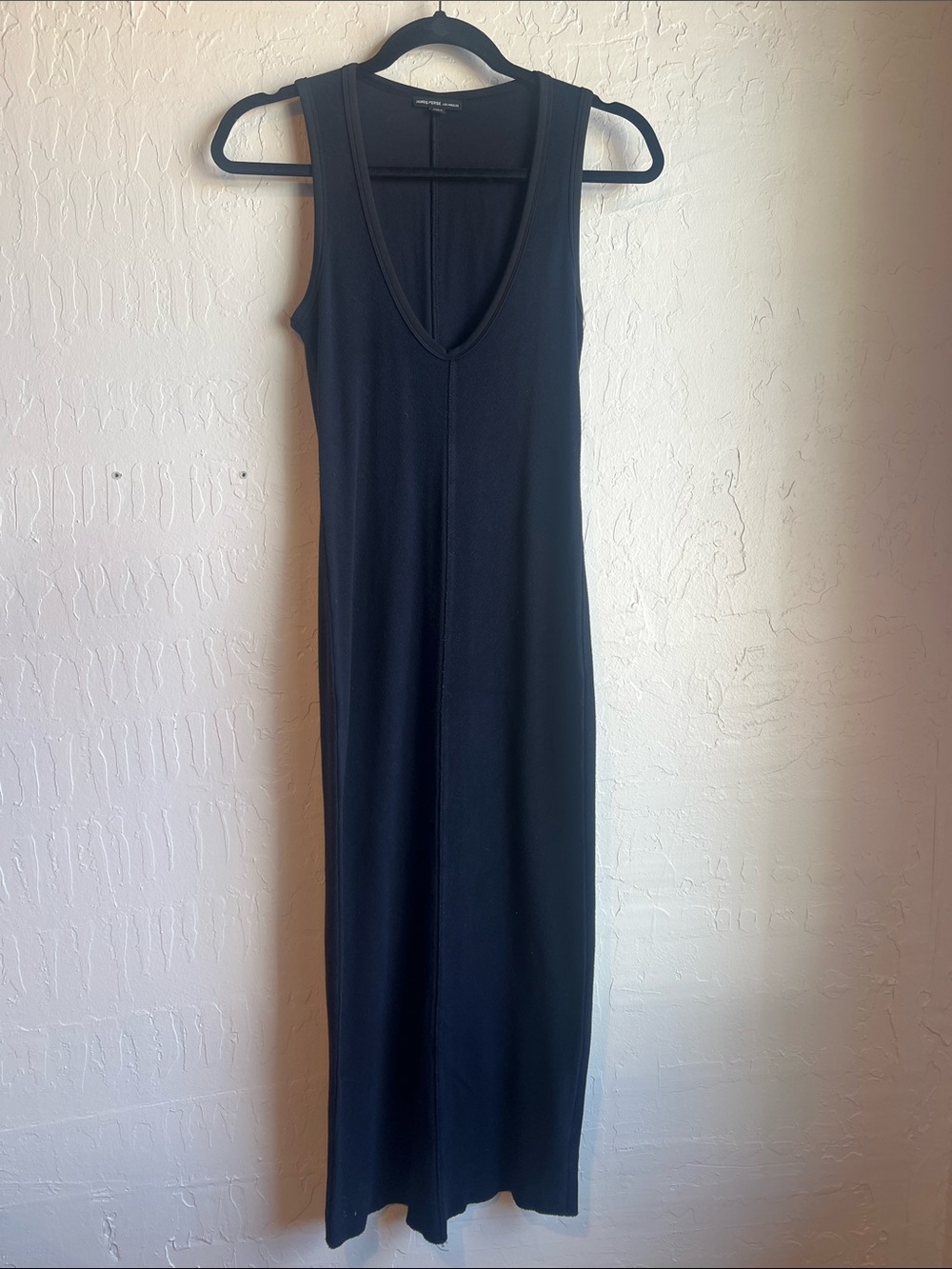 James Perse Ribbed Black Sleeveless V-Neck Midi Dress- Stretchy with Raw Hem